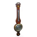 A late 19thC mahogany inlaid wheel barometer, with silvered dial, with brass surround and marquetry