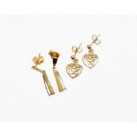 Two pairs of 9ct gold earrings, comprising a pair of two colour drop earrings, on butterfly backs, a