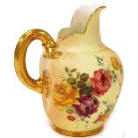 A Royal Worcester blush ivory milk jug, with decoration of pink yellow and blue pansies, with a shap