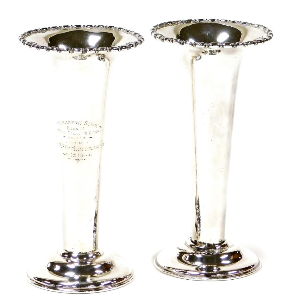 A pair silver plated stem vases, one engraved Harmston Show Class 41 Cart Filly 2 years awarded to M