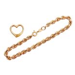 A rope twist bracelet, with a gold love heart charm stamped 375, the bracelet loop hallmarked 9ct an