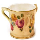 A Royal Worcester blush ivory miniature tyg, with decoration of flowers and roses, with Royal Worces