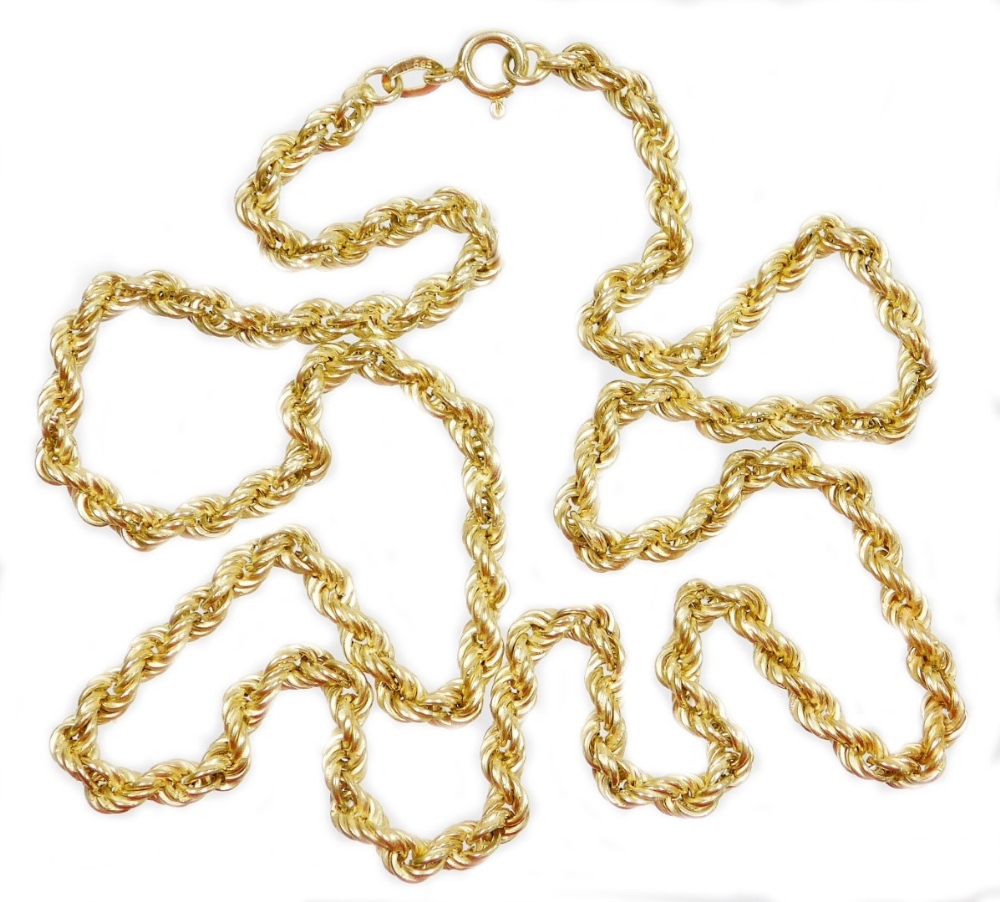 A rope twist necklace, yellow metal, marked 585 to ring, 59cm long overall, 13.4g all in.