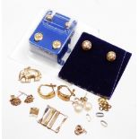 A group of 9ct gold and other earrings, charms and scrap gold, to include a 9ct gold elephant charm,