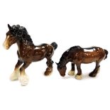 Two Beswick horses, to include a Beswick England brown mare, with green Beswick England sticker to u