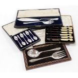 Silver and silver plated cased cutlery sets, to include a silver plated Pearson Brothers salad serve