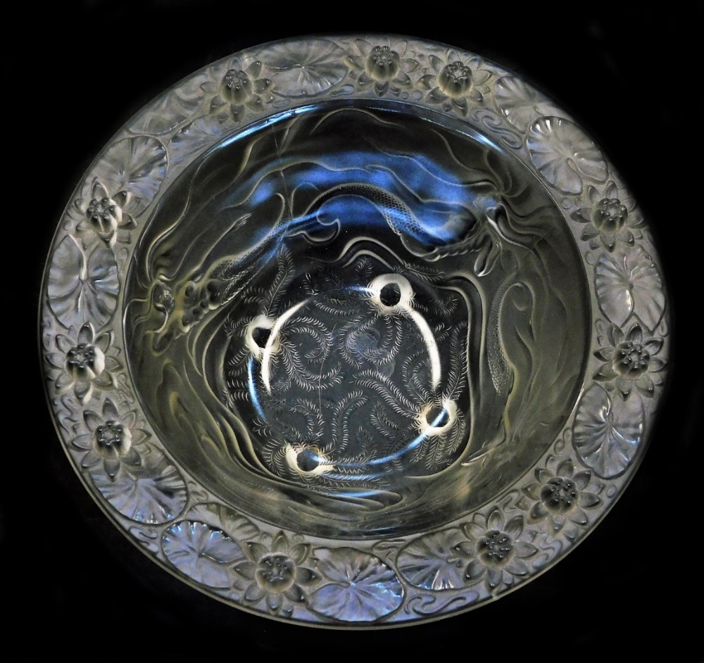 A large art glass bowl, in the Lalique style, depicting mermaids and water lilies, on a four foot st - Image 2 of 3