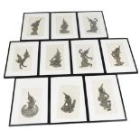 A collection of ten Thai black wax rubbings, depicting musicians and dancers, 50cm x 30cm, in unifor