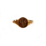 A 9ct gold signet ring, bearing the initials JF, misshapen and cut, 0.8g.