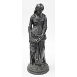 After Emile Boisseau. Bronze finished figure of a pensive maiden, in later medieval style dress, wea