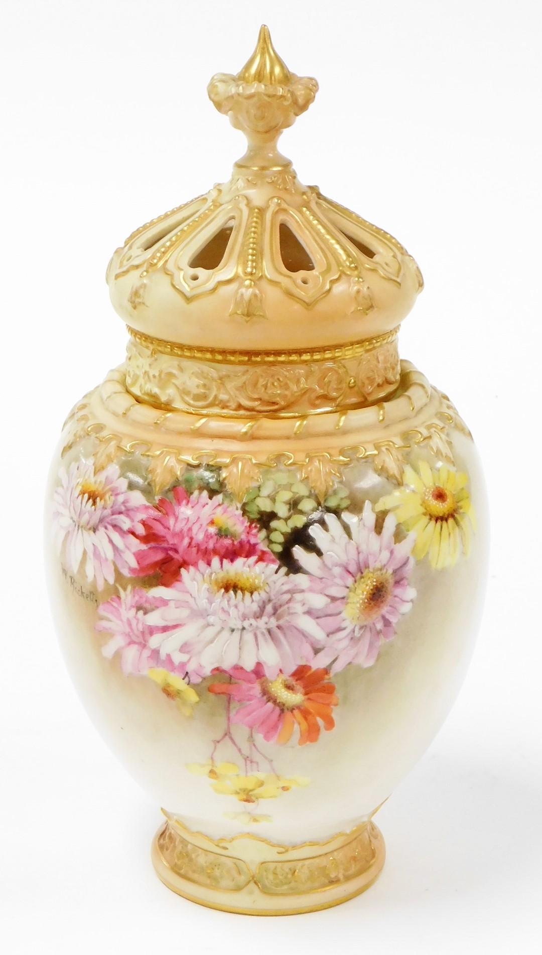 A Royal Worcester blush ivory pot pourri jar and cover, with decoration of pink and yellow peonies s