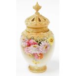 A Royal Worcester blush ivory pot pourri jar and cover, with decoration of pink and yellow peonies s