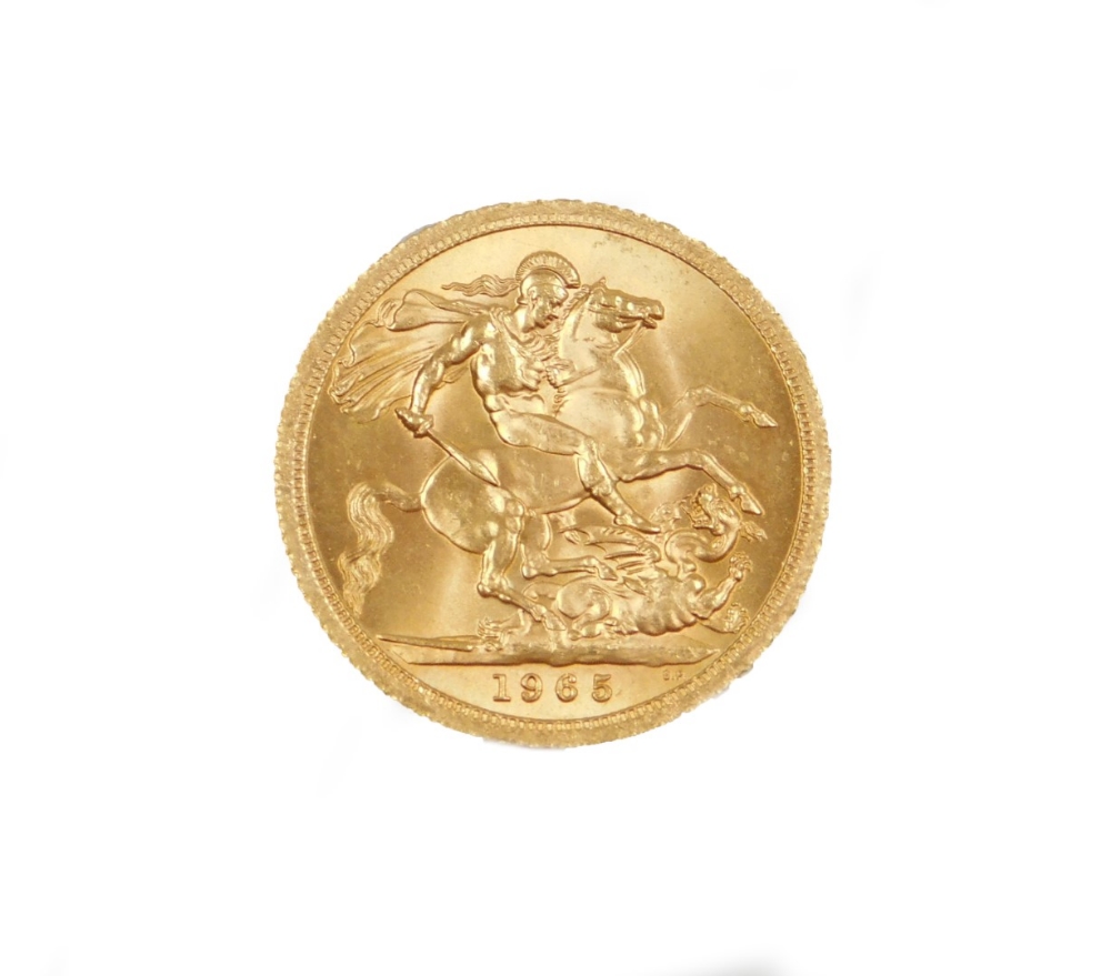 An Elizabeth II full gold sovereign, dated 1965.