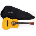 A Palma PL34 acoustic guitar, in teak casing with Ritter carry bag, 94cm long.