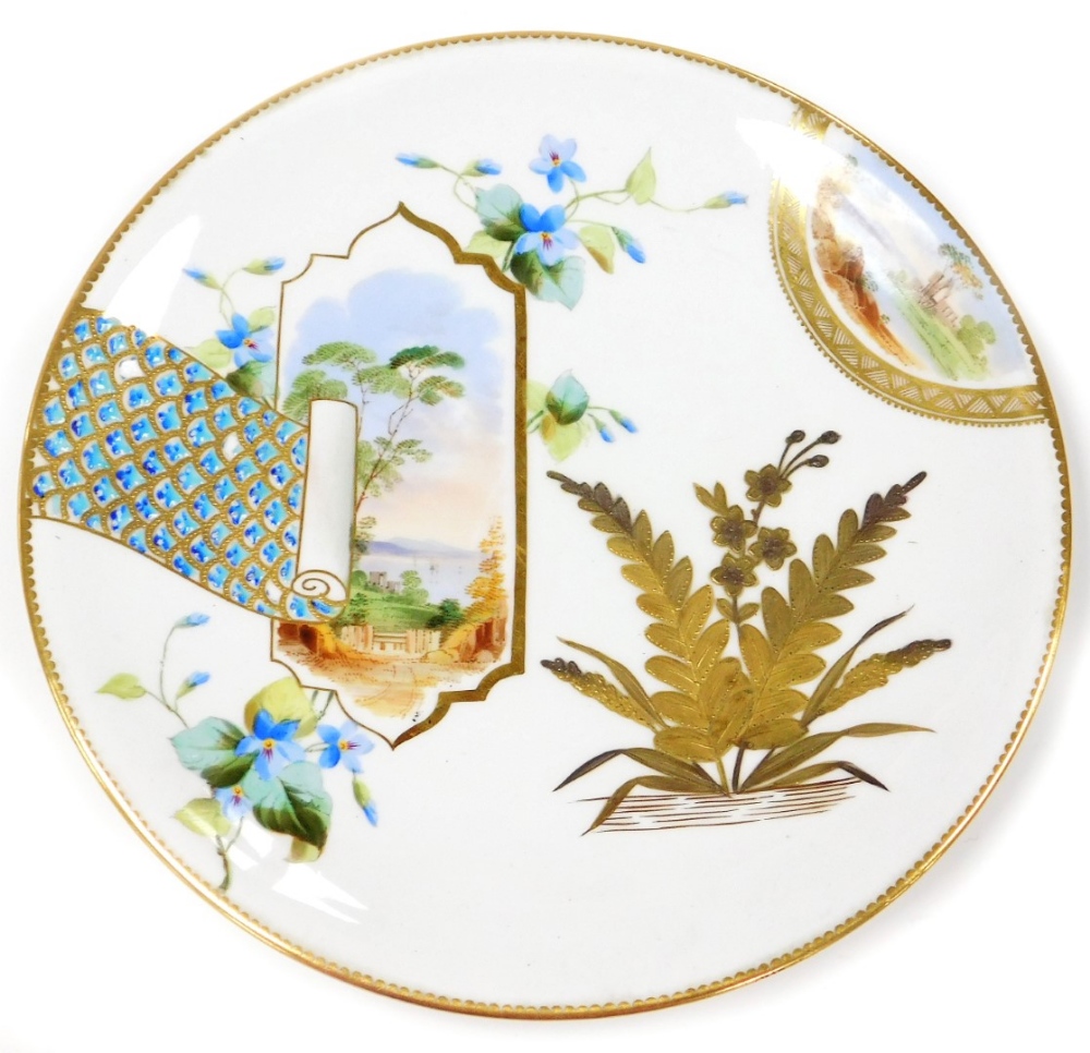 A group of late 19thC porcelain plates, each decorated with embellished scroll panels, with gilt dec - Bild 2 aus 3