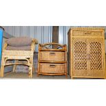 Various wicker furniture, to include a side chair, a two drawer shelving unit and a side cabinet. (