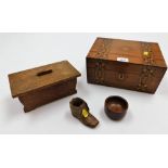 A group of treen and other effects, to include a late 20thC writing box with marquetry banded inlay,