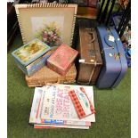 Various suitcases, maps and effects, to include a fire screen, biscuit tins with various pencils,