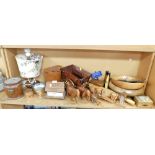 Various wooden trinkets and effects, to include cart, table lamp, ice bucket, wooden elephants,