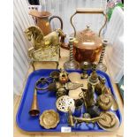 Various copper and brasswares, to include a copper kettle, a pair of silver plated candlesticks, a