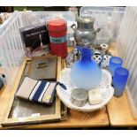 A group of miscellaneous wares, to include a glass decanter and two glasses, silver plated wares,