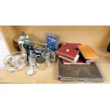 Various silver plated wares and books, to include silver plated ice pail bucket, stainless steel