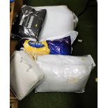 A group of materials and throws, to include mainly cushions, mattress protector, a brown throw, etc.