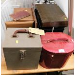 Various cases, to include two metal deeds boxes, a mahogany cutlery box, with glass drops, a teak