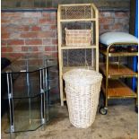 A group of various furniture and effects, to include a three tier trolley, footstool, wicker