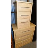 Two items of modern bedroom furniture, in beech style, comprising a three drawer bedside cabinet,