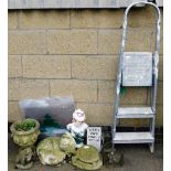 A group of garden ornaments and accessories, to include rope twist borders, frog, turtle, iron last,