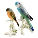 Two Karl Ens porcelain birds, a robin and a budgerigar on a leafy base, the budgerigar 17cm high.