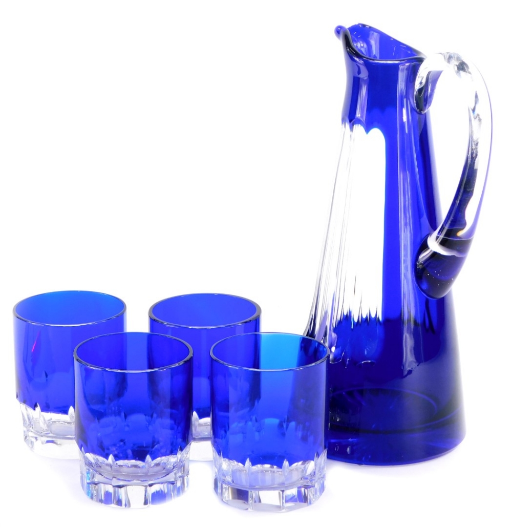 A continental blue flash glass lemonade or water jug, in the manner of Val Saint Lambert, 30cm high,