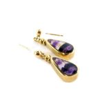 A pair of 9ct gold Blue John set earrings, with teardrop design, on plastic backs, maker's stamp