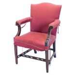 A George III mahogany open armchair, with a padded back, arm rest and seat, the shaped arm
