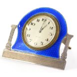 A George V silver and blue enamelled clock, by Alexander Clark and Co. ltd, with eight day movement,