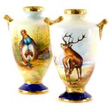 A pair of Aynsley Fine Art Collection porcelain vases, each painted with country sporting scenes,