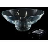A plain glass fruit bowl or centrepiece, unmarked, possibly Dartington, and a Stuart Crystal Thank