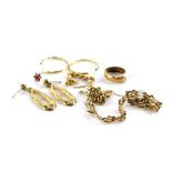 Various 9ct gold and other jewellery, to include a thin 9ct gold gate bracelet (AF), a pair of 9ct