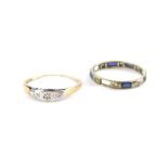 Two dress rings, comprising a diamond set three stone dress ring with three tiny diamonds in a