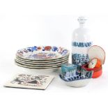 A collection of ceramics, to include a set of six ironstone type plates, decorated in Imari colours,