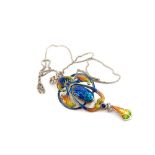 An Art Nouveau style enamel pendant, with blue, orange, green and yellow coloured enamels, on a