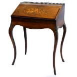 A 19thC rosewood and marquetry bonheur du jour, with a raised brass gallery, the fall enclosing a