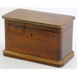 A 19thC French rosewood and brass inlaid tea caddy, the hinged lid engraved with initials