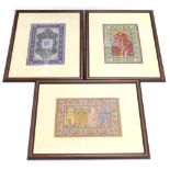 A set of three miniature machine woven carpets, each depicting different designs for Persian rugs or