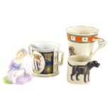 Four items of ceramics, to include a Crown Ducal Charlotte Rhead commemorative mug for George VI,