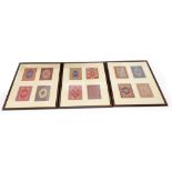 A collection of woven miniature carpets, each depicting a different Persian or Indian design,