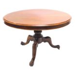 A Victorian mahogany breakfast table, the circular tilt top with a moulded edge, on a turned