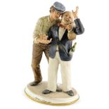 A Capodimonte porcelain figure group of two drunk gentlemen drinking Pommery Champagne, impressed