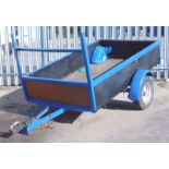 A blue painted trailer, with single axle, the trailer 121cm x 197cm.